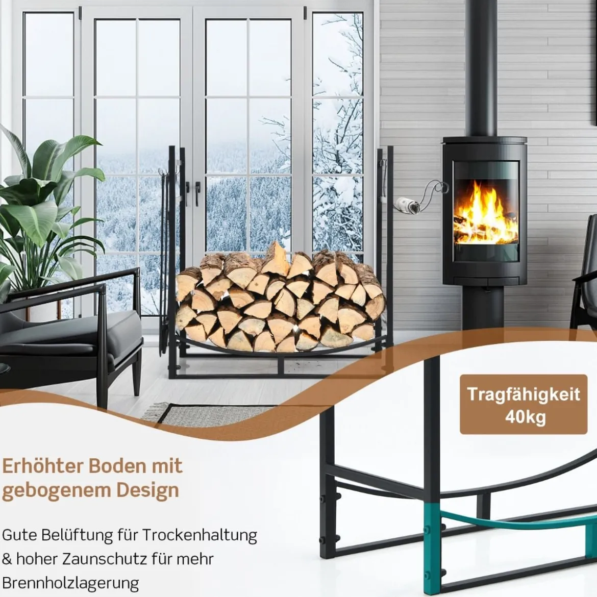 Robustes Metall-Brennholzgestell & Werkzeugset Brennholzhalter mit Schaufel 76x33x76cm Schwarz