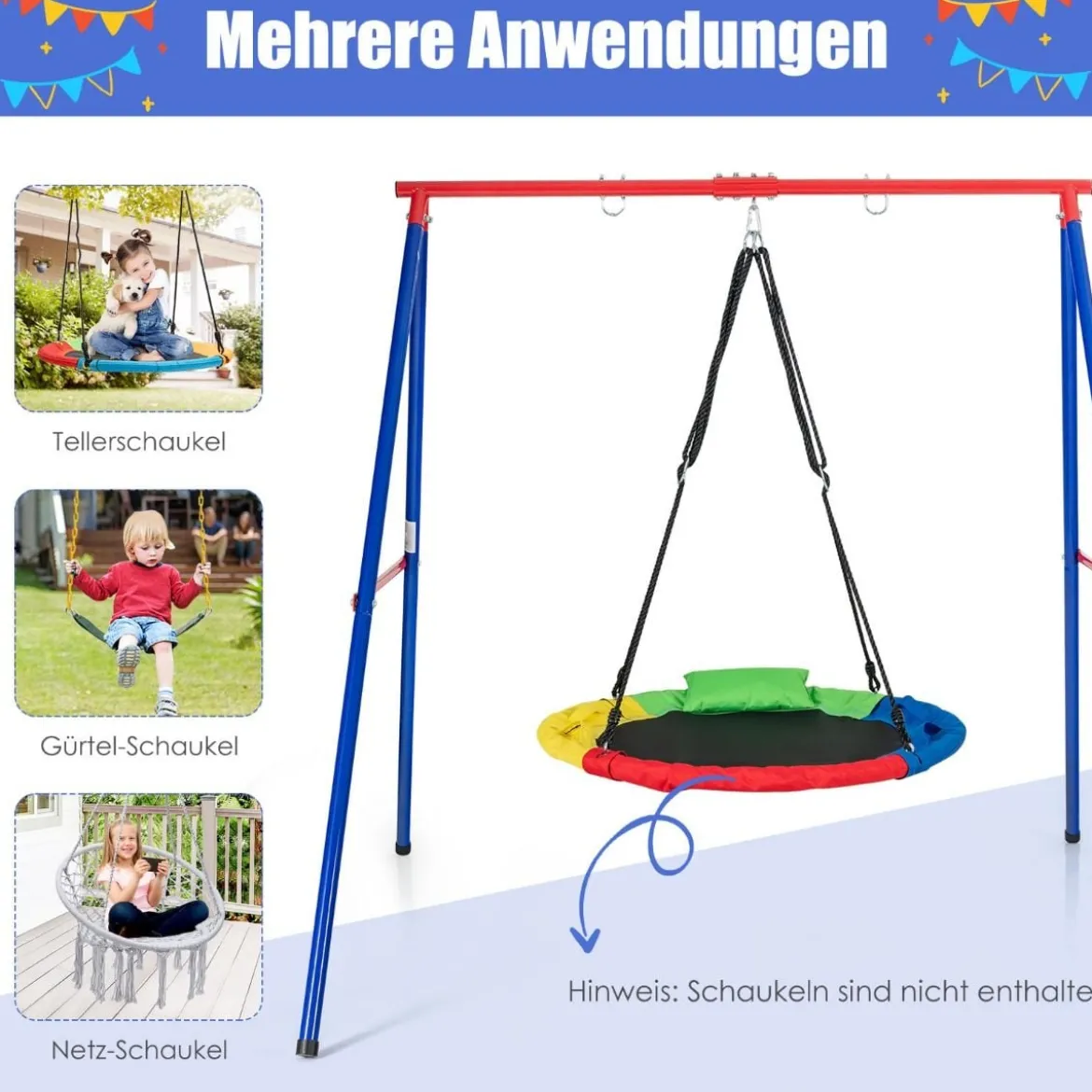 Robustes Metall-Schaukelgestell A-Rahmen Gartenschaukel Gestell 194 x 184 x 180 cm Rot + Blau