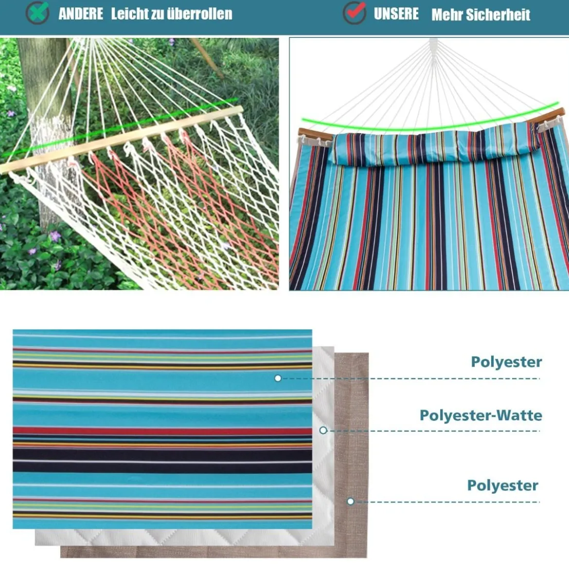 Robuste Tragbare Outdoor Hängematte mit abnehmbarem Kissen für den Innen- und Außenbereich Blau