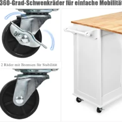 Rollbarer Küchenwagen mit Arbeitsplatte Kücheninsel mit Handtuchhalter & Schubladen 136 x 76 x 91 cm Weiß