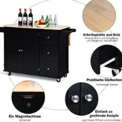 Rollbarer Küchenwagen mit klappbarer Arbeitsfläche Kücheninsel 136 x 76 x 91 cm Schwarz