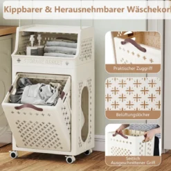 Rollbarer Wäschekorb mit Kleiderbügel mehrschichtiger faltbarer Kunststoff-Wäschebehälter Beige