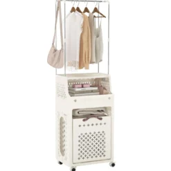 Rollbarer Wäschekorb mit Kleiderbügel mehrschichtiger faltbarer Kunststoff-Wäschebehälter Beige
