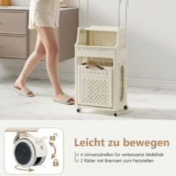 Rollbarer Wäschekorb mit Kleiderbügel mehrschichtiger faltbarer Kunststoff-Wäschebehälter Beige