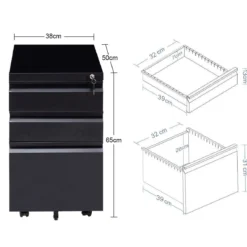 Rollcontainer abschließbarer Büroschrank Aktenschrank mit Kippschutz Bürocontainer mit 3 Schubladen Schwarz