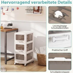 Rollcontainer mit 3 Schubladen Kunststoff Aufbewahrungswagen mit PU-Rollen 42 x 28 x 70,5 cm Weiß