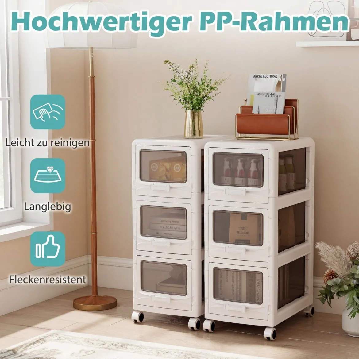 Rollcontainer mit 3 Schubladen Kunststoff Aufbewahrungswagen mit PU-Rollen 42 x 28 x 70,5 cm Weiß