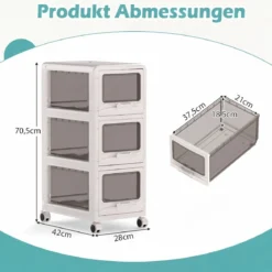 Rollcontainer mit 3 Schubladen Kunststoff Aufbewahrungswagen mit PU-Rollen 42 x 28 x 70,5 cm Weiß