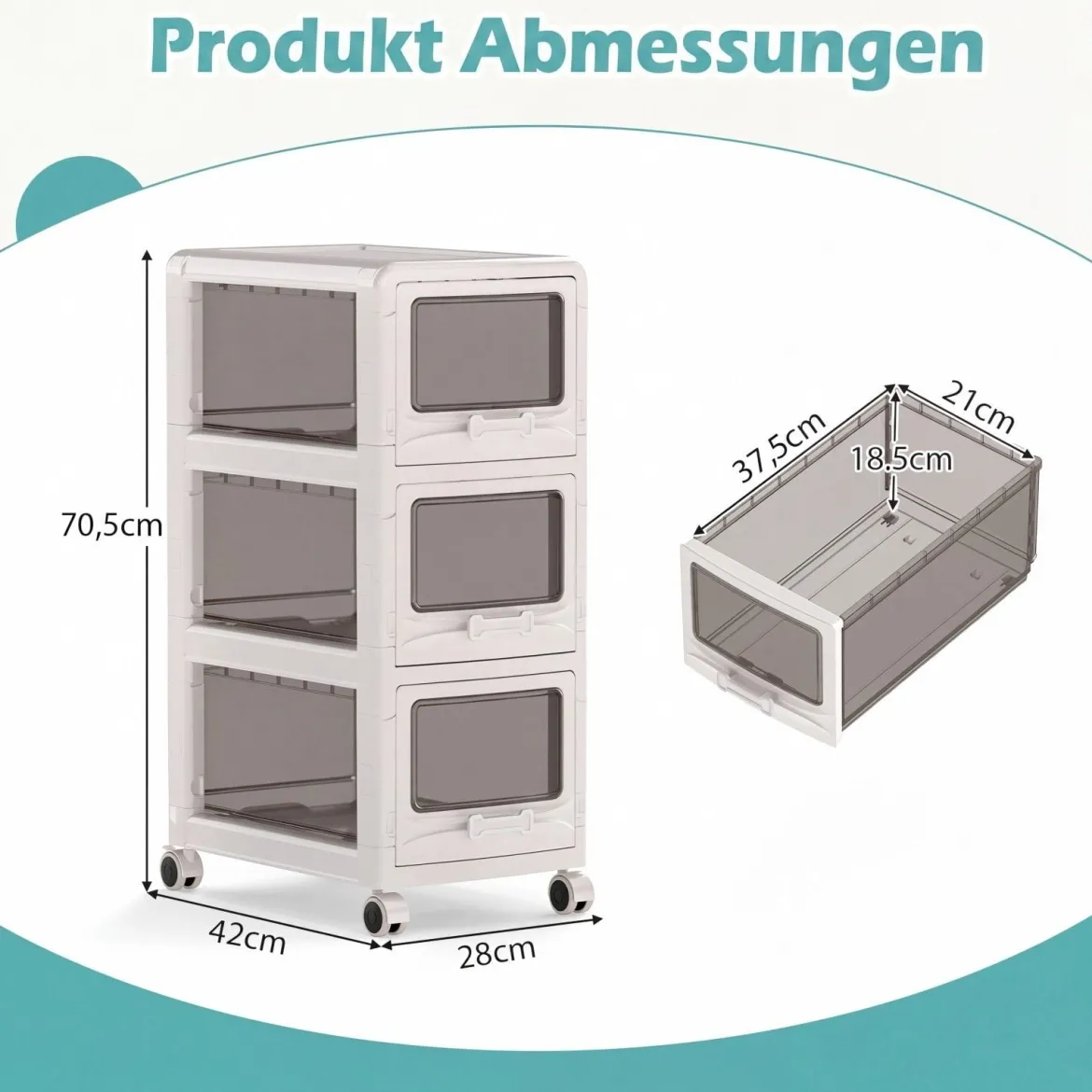 Rollcontainer mit 3 Schubladen Kunststoff Aufbewahrungswagen mit PU-Rollen 42 x 28 x 70,5 cm Weiß