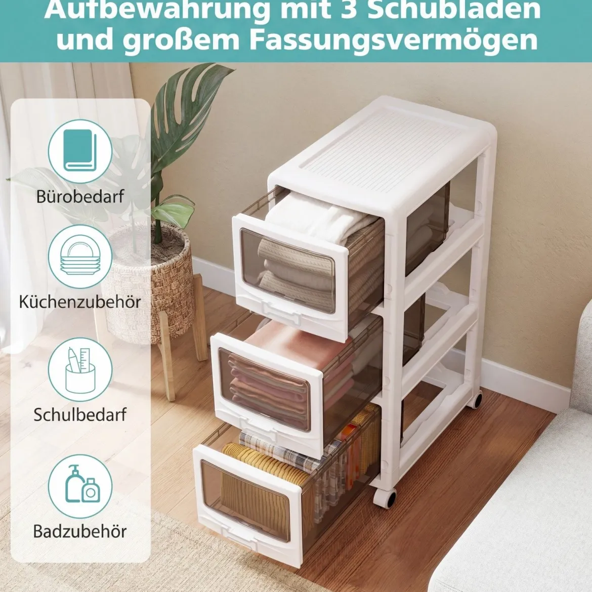 Rollcontainer mit 3 Schubladen Kunststoff Aufbewahrungswagen mit PU-Rollen 42 x 28 x 70,5 cm Weiß