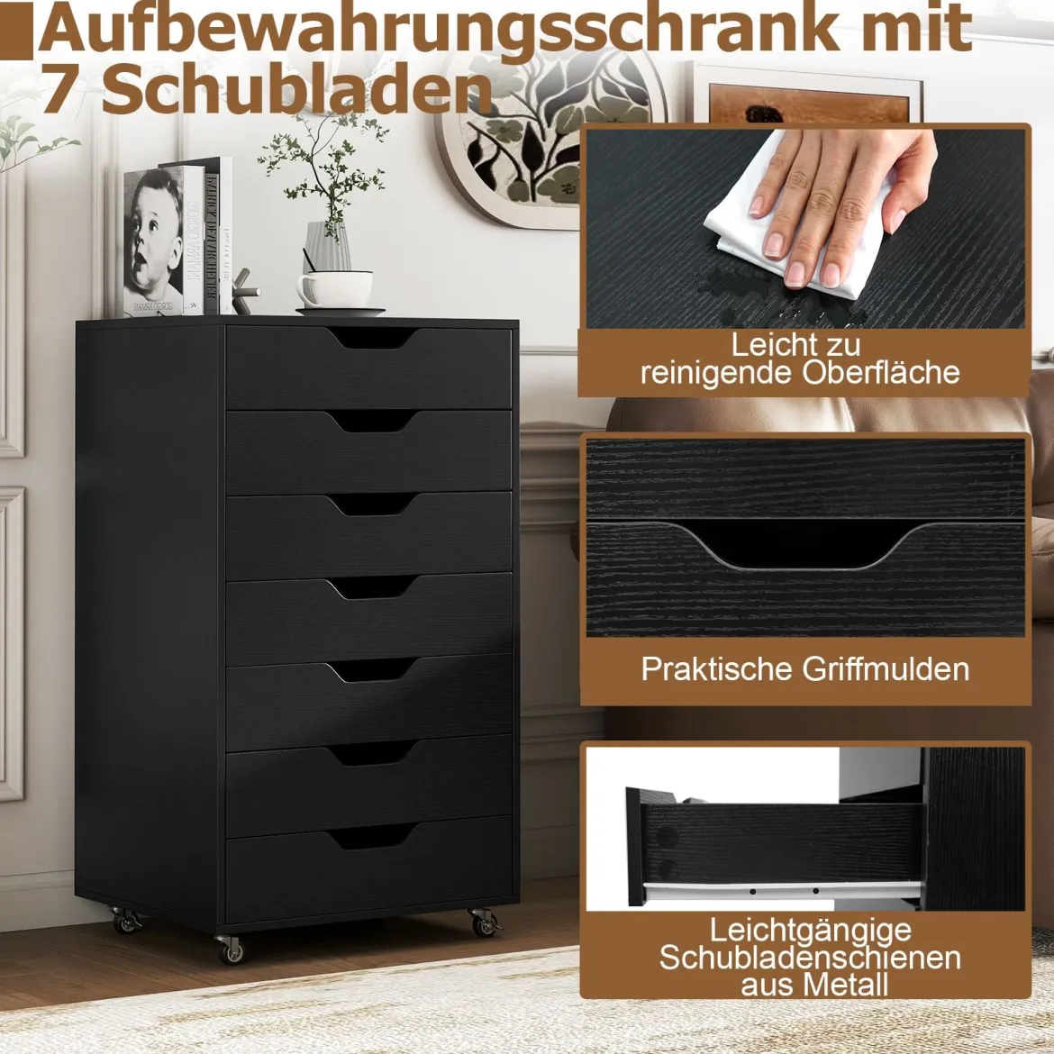 Rollcontainer mit 7 Schubladen mobiler Aktenschrank mit Rädern Bürocontainer Schubladenschrank Schwarz