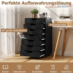 Rollcontainer mit 7 Schubladen mobiler Aktenschrank mit Rädern Bürocontainer Schubladenschrank Schwarz