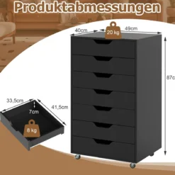 Rollcontainer mit 7 Schubladen mobiler Aktenschrank mit Rädern Bürocontainer Schubladenschrank Schwarz
