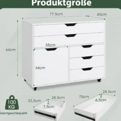Rollcontainer mit 5 Schubladen & Schrank Mobiler Aktenschrank Schubladenschrank Bürocontainer Weiß