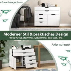 Rollcontainer mit 5 Schubladen & Schrank Mobiler Aktenschrank Schubladenschrank Bürocontainer Weiß
