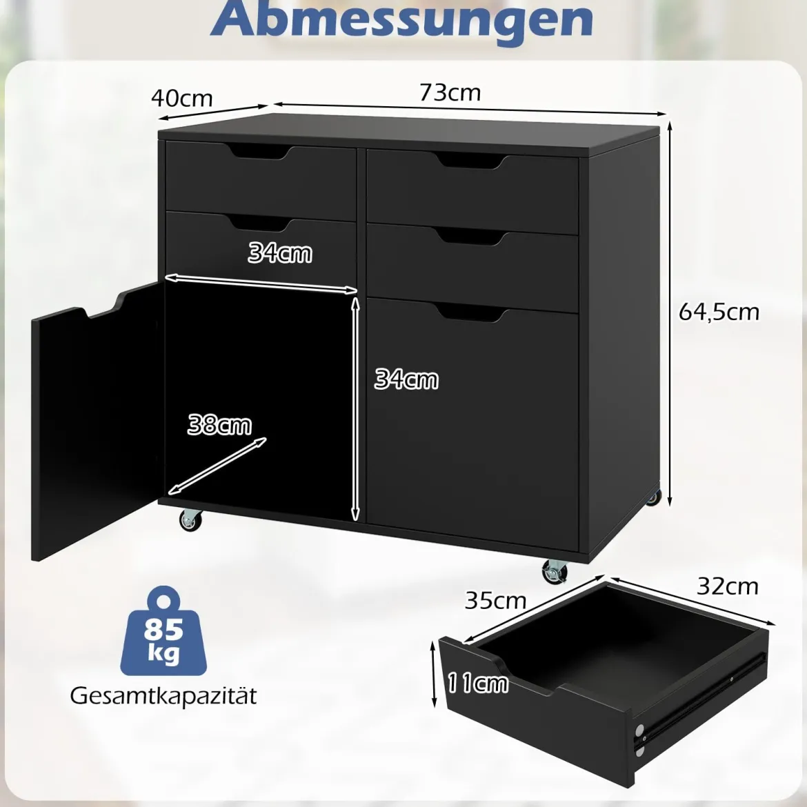 Rollcontainer mit 4 Schubladen & 2 Türen Aktenschrank mit Rollen Druckerständer Schwarz