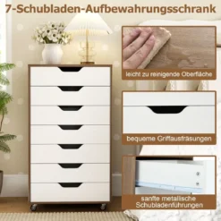 Rollcontainer mit 7 Schubladen mobiler Aktenschrank mit Rädern Bürocontainer Natur