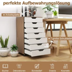 Rollcontainer mit 7 Schubladen mobiler Aktenschrank mit Rädern Bürocontainer Natur