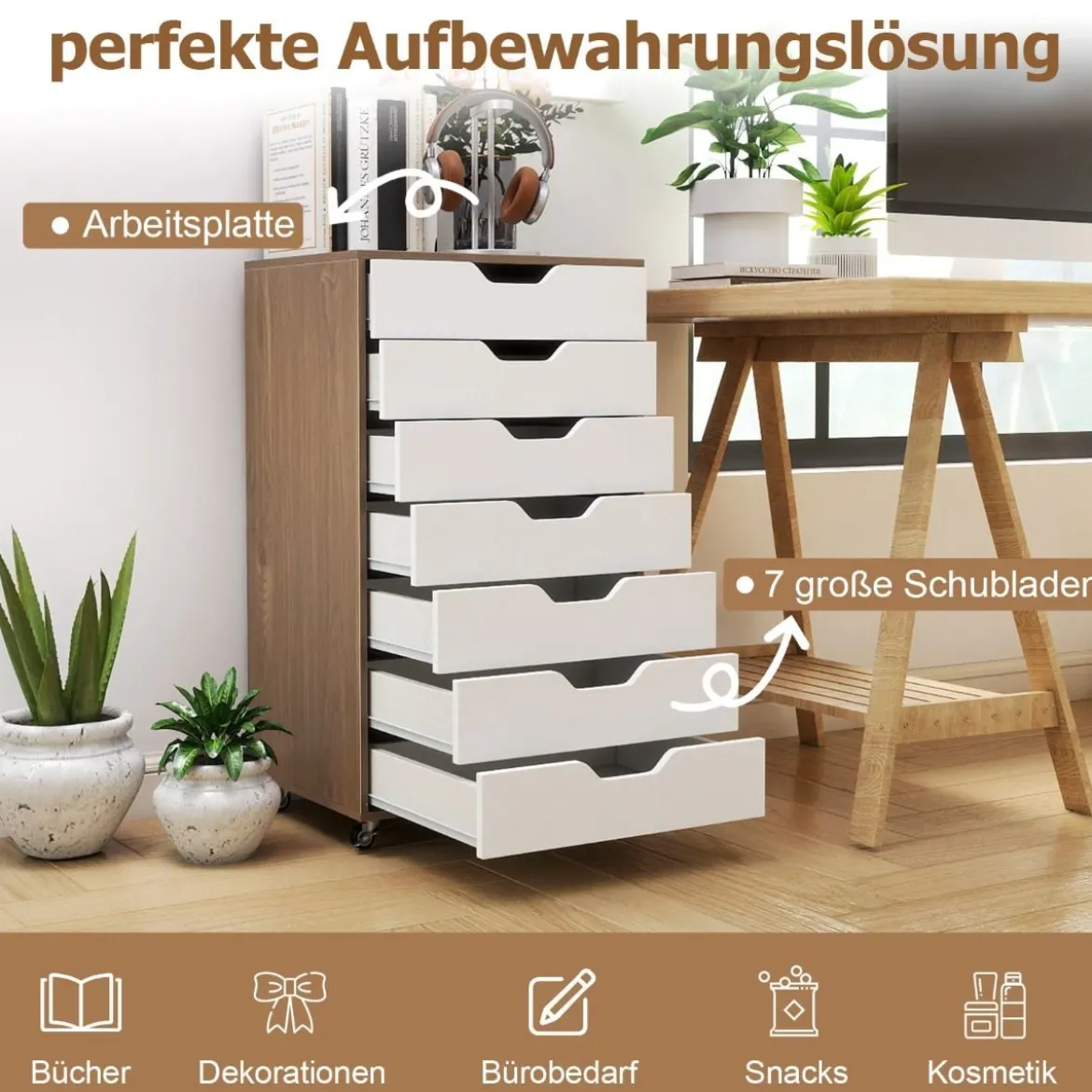 Rollcontainer mit 7 Schubladen mobiler Aktenschrank mit Rädern Bürocontainer Natur