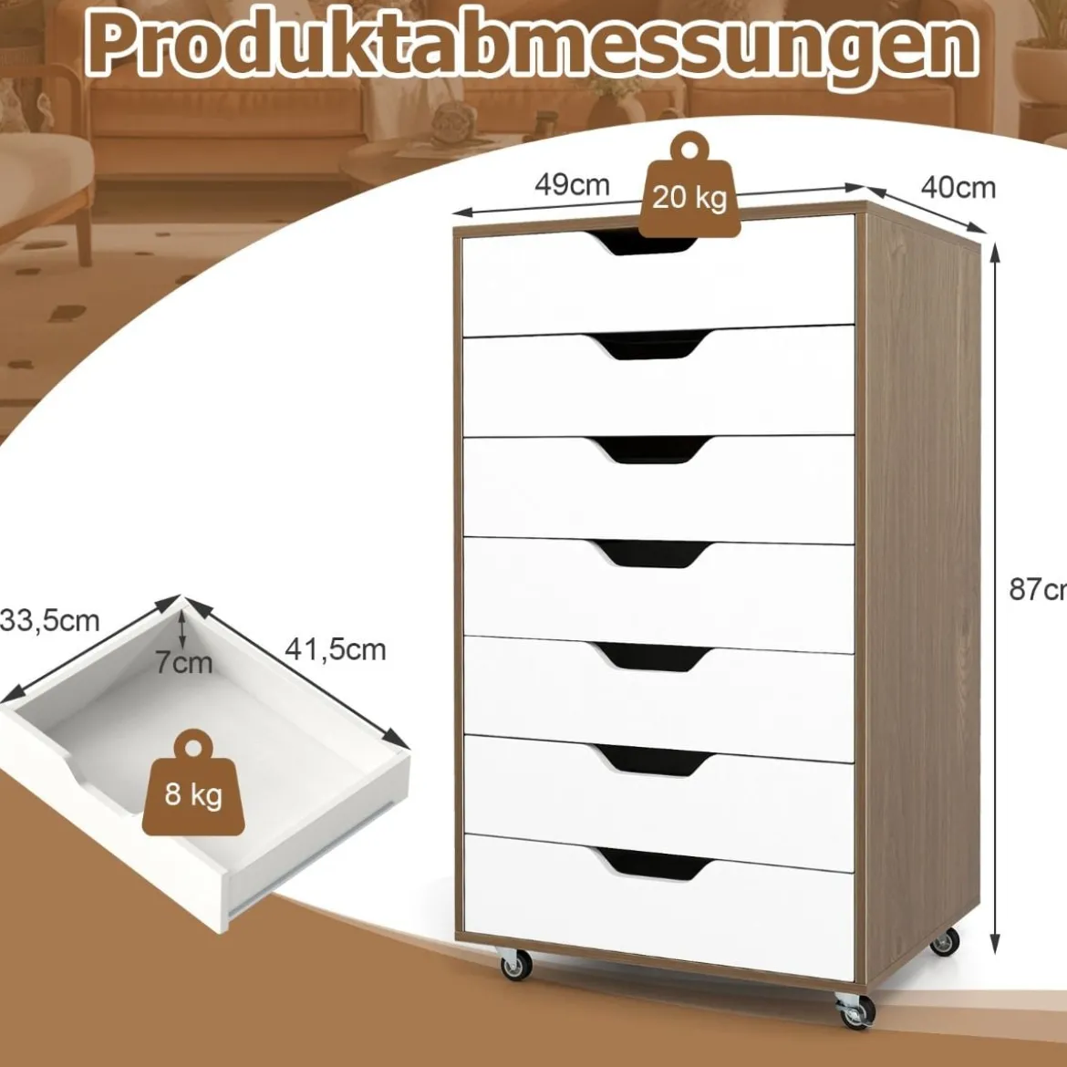 Rollcontainer mit 7 Schubladen mobiler Aktenschrank mit Rädern Bürocontainer Natur