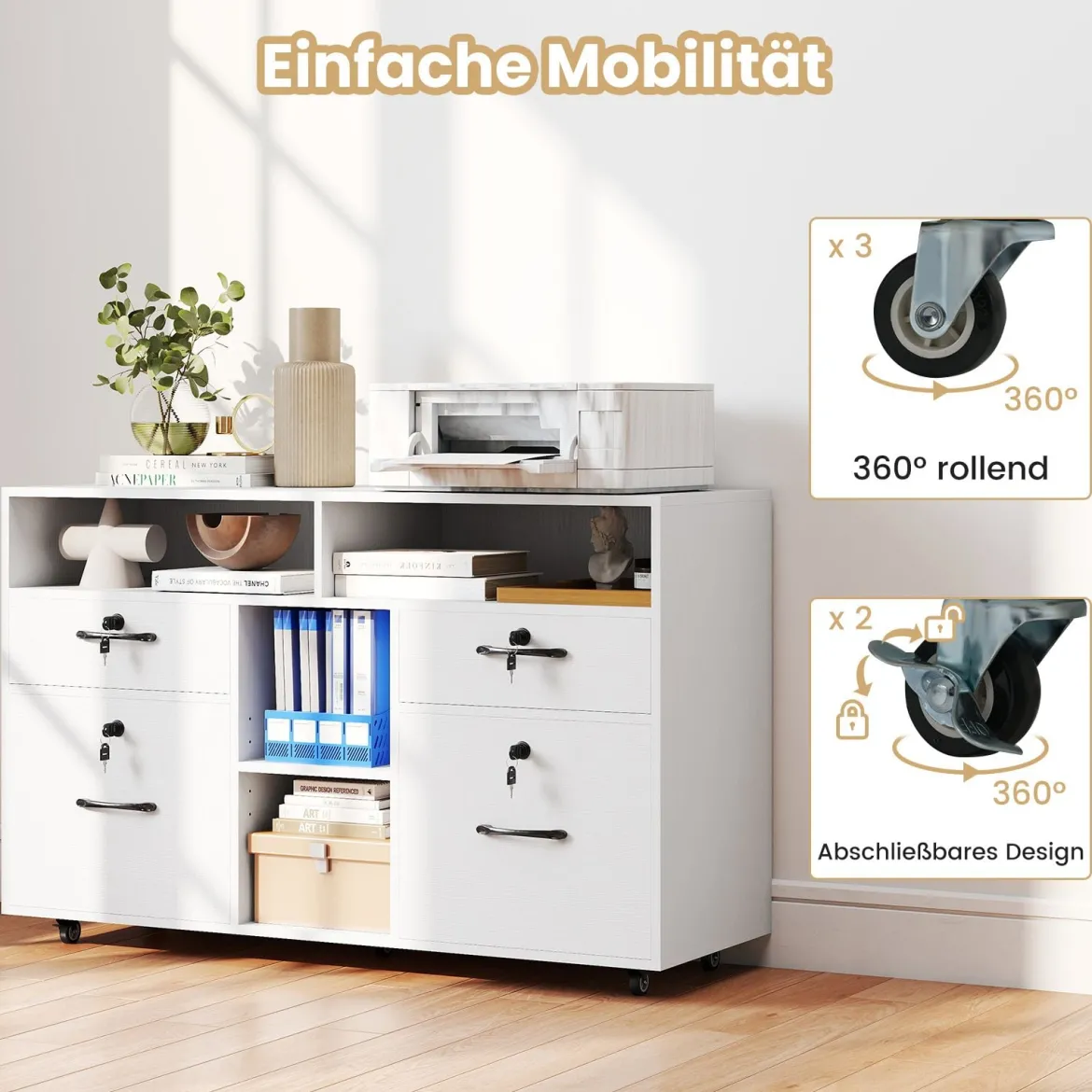 Rollcontainer mit 4 Schubladen mobiler Aktenschrank abschließbar mit verstellbarem Regal & offenen Fächern Weiß