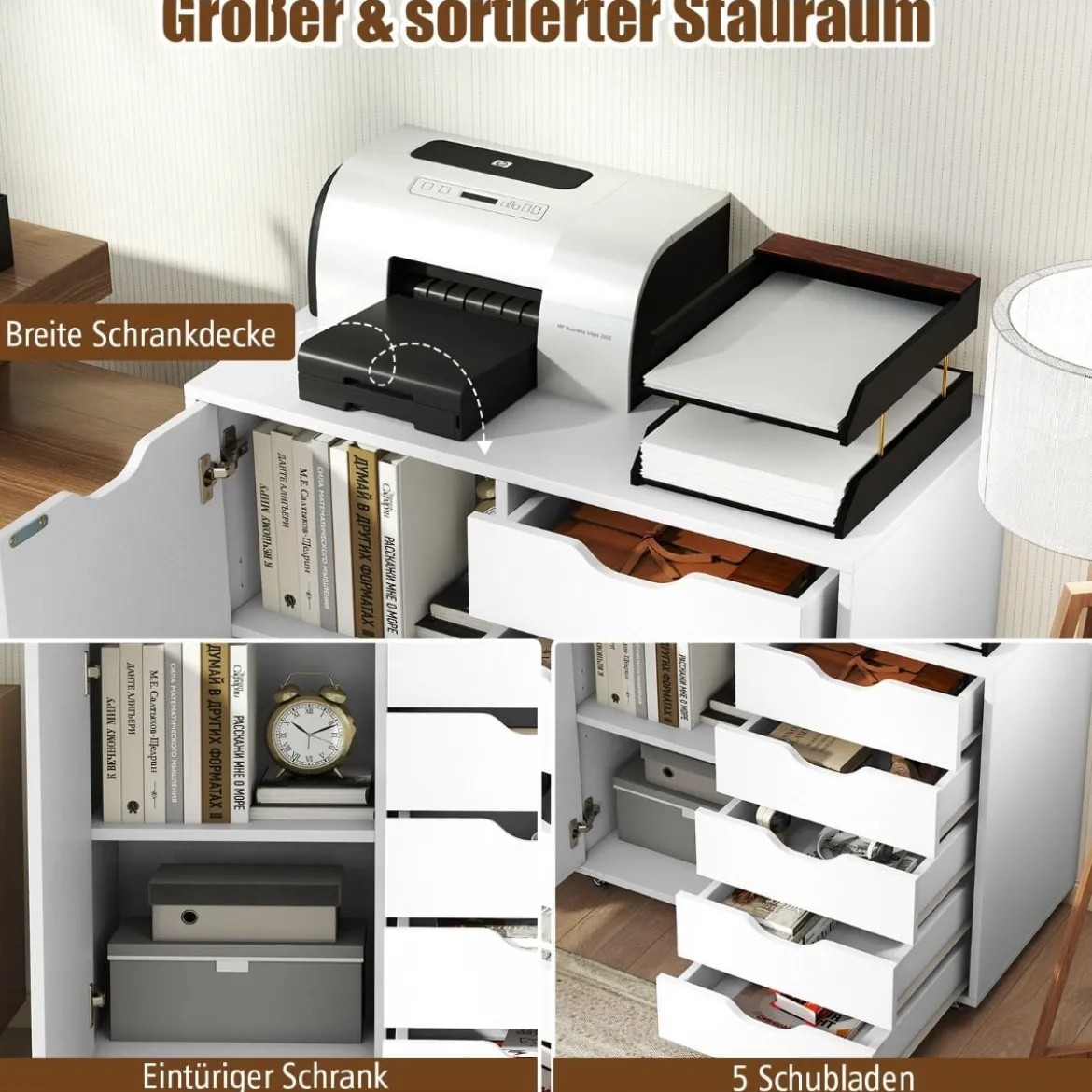 Rollcontainer mit 5 Schubladen & Tür & Arbeitsplatte & Rollen Mobiler Aktenschrank