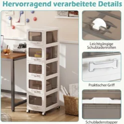 Rollcontainer mit 5 Schubladen Kunststoff Aufbewahrungswagen mit PU-Rollen 42 x 28 x 112,5 cm Weiß