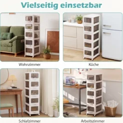Rollcontainer mit 5 Schubladen Kunststoff Aufbewahrungswagen mit PU-Rollen 42 x 28 x 112,5 cm Weiß