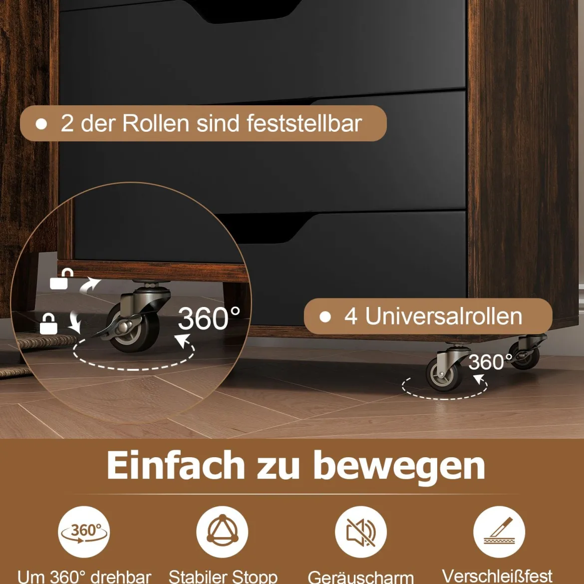 Rollcontainer mit 7 Schubladen mobiler Aktenschrank mit Rädern Bürocontainer Rustikales Braun