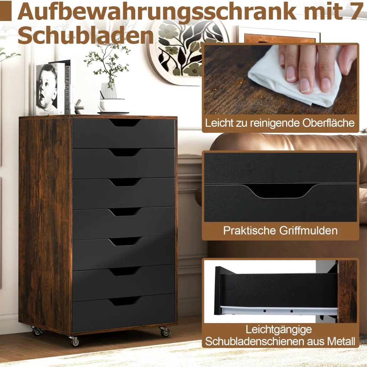 Rollcontainer mit 7 Schubladen mobiler Aktenschrank mit Rädern Bürocontainer Rustikales Braun