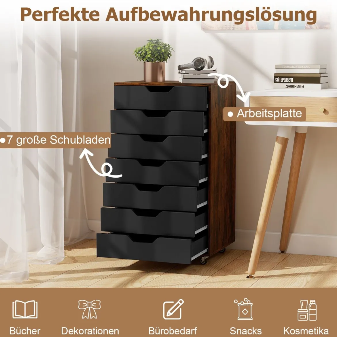 Rollcontainer mit 7 Schubladen mobiler Aktenschrank mit Rädern Bürocontainer Rustikales Braun