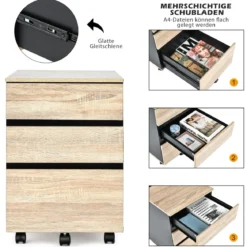 Rollcontainer mit 3 Schubladen Büroschrank für Dokumente und Briefe mit Rädern Natur