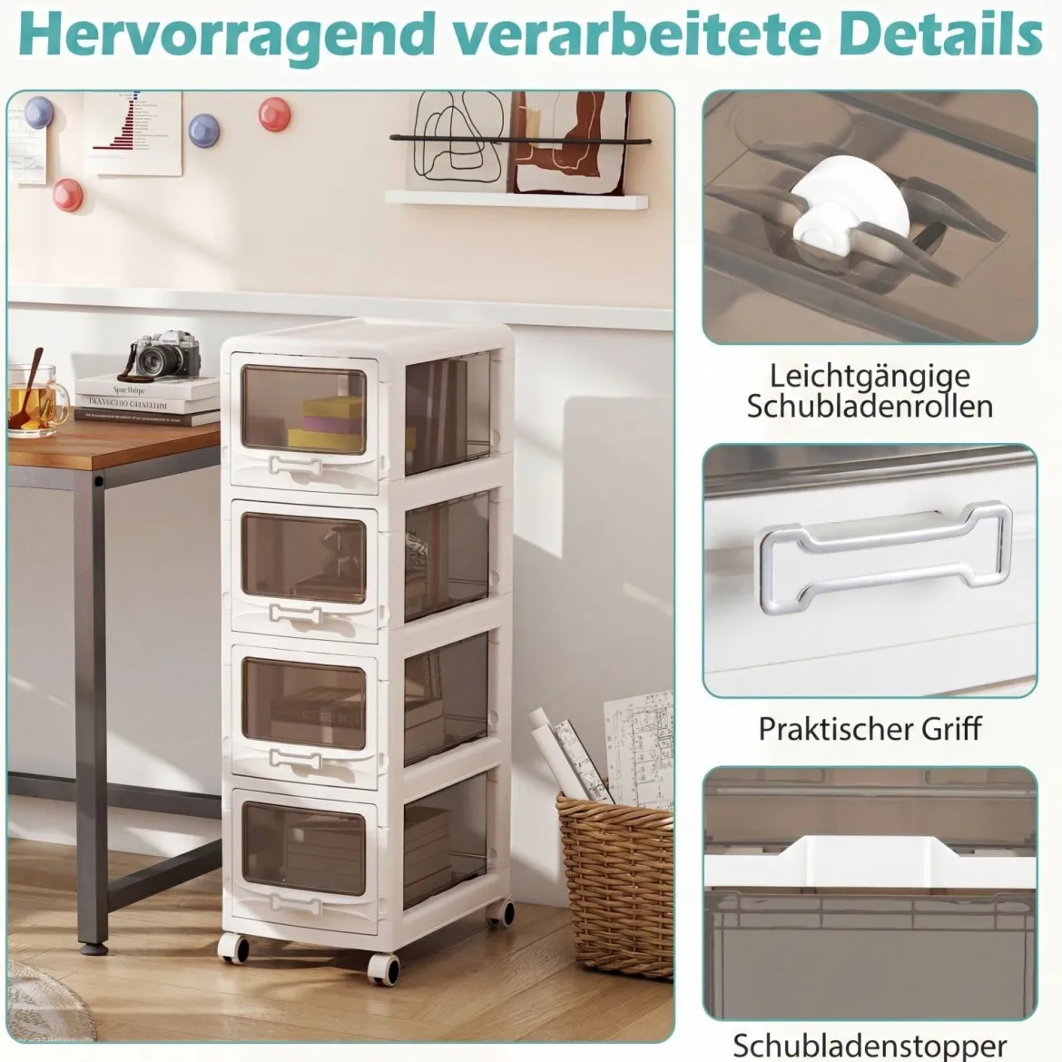 Rollcontainer mit 4 Schubladen Kunststoff Aufbewahrungswagen mit PU-Rollen 42 x 28 x 91,5 cm Weiß