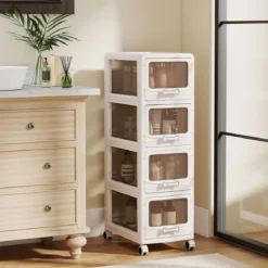 Rollcontainer mit 4 Schubladen Kunststoff Aufbewahrungswagen mit PU-Rollen 42 x 28 x 91,5 cm Weiß