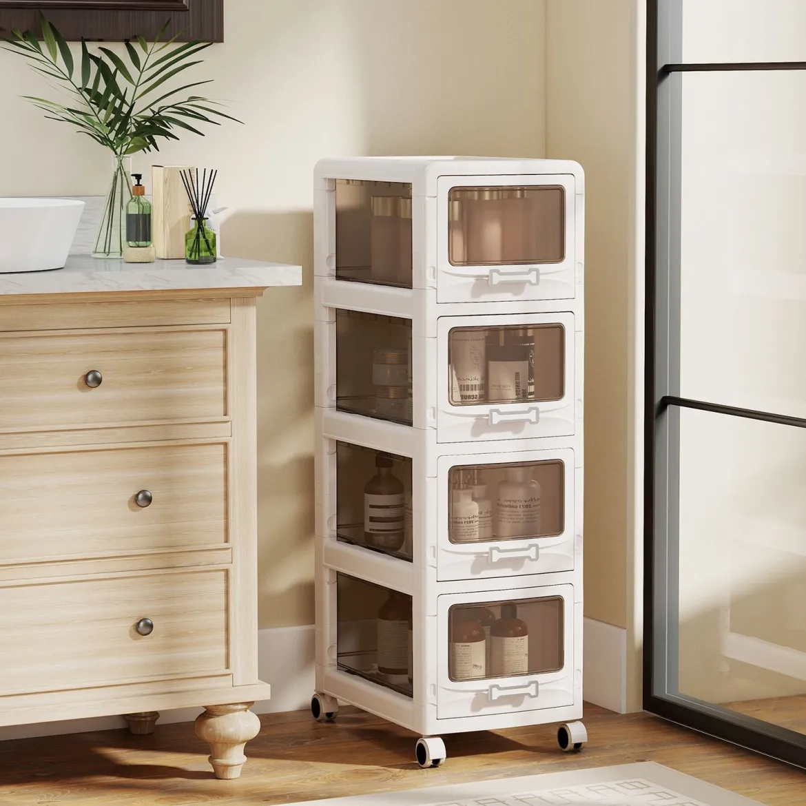 Rollcontainer mit 4 Schubladen Kunststoff Aufbewahrungswagen mit PU-Rollen 42 x 28 x 91,5 cm Weiß