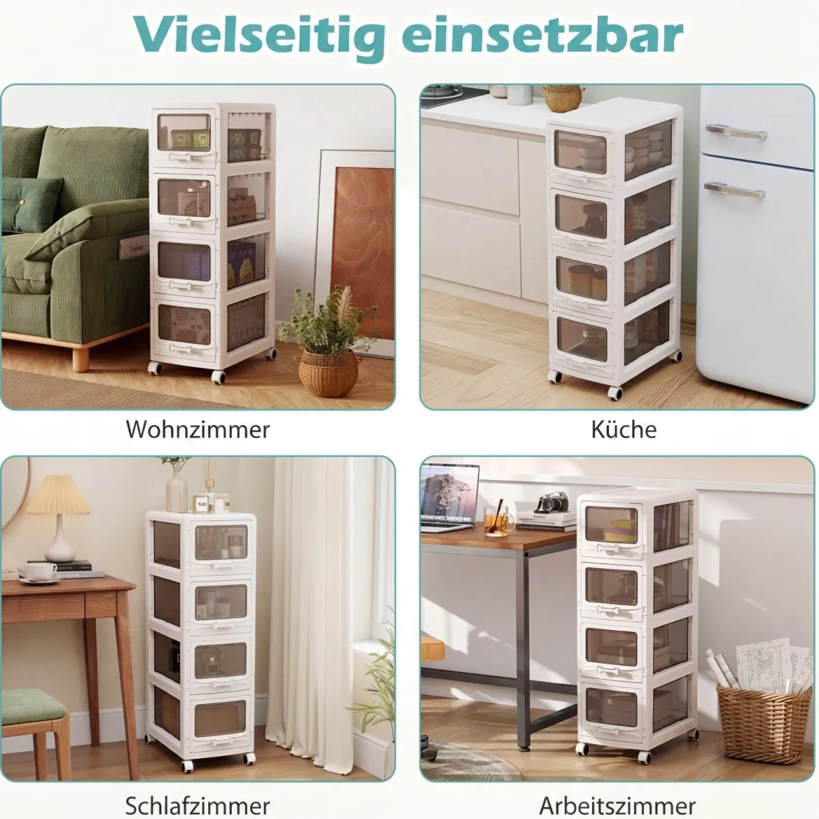Rollcontainer mit 4 Schubladen Kunststoff Aufbewahrungswagen mit PU-Rollen 42 x 28 x 91,5 cm Weiß
