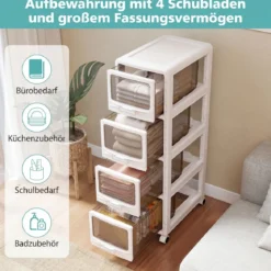 Rollcontainer mit 4 Schubladen Kunststoff Aufbewahrungswagen mit PU-Rollen 42 x 28 x 91,5 cm Weiß