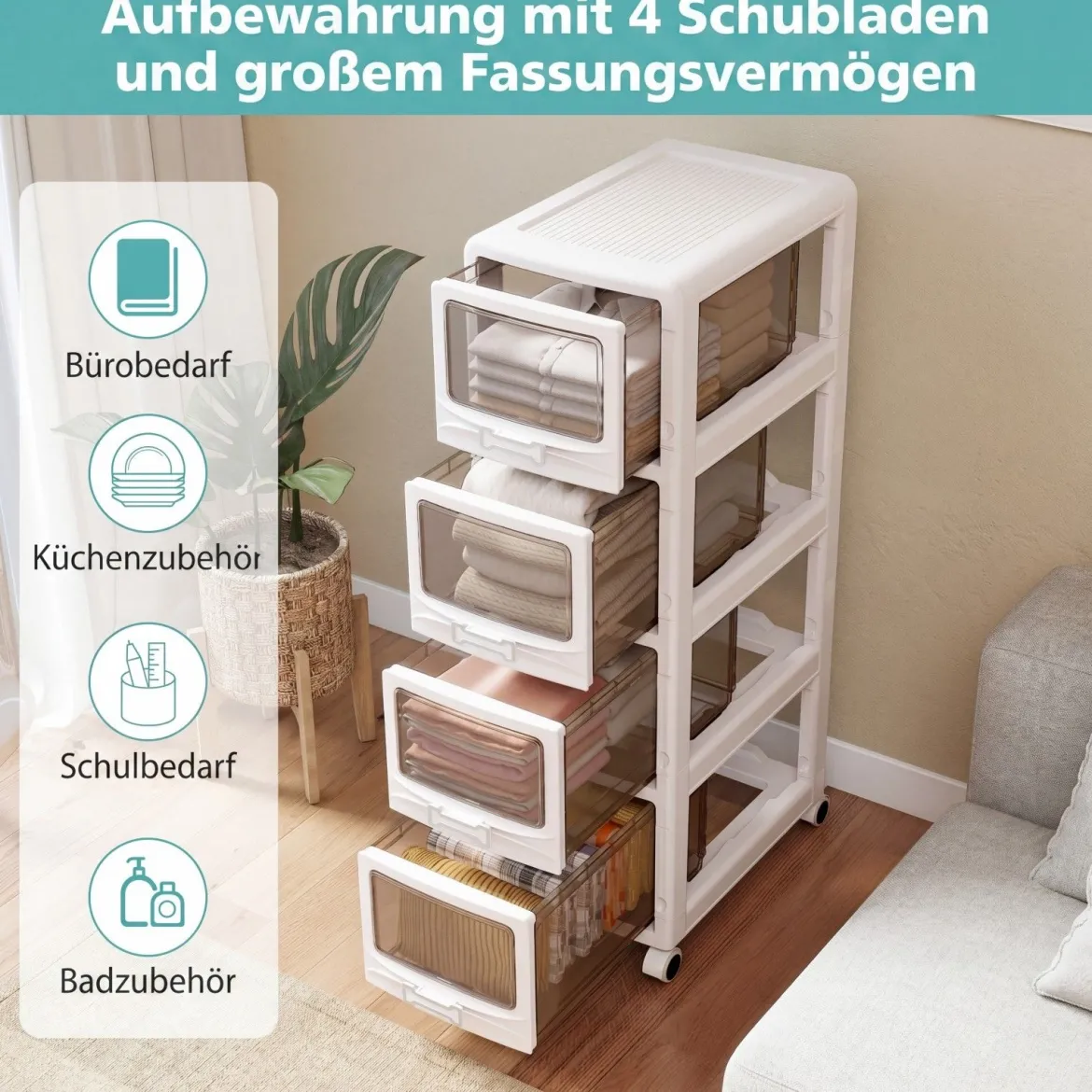 Rollcontainer mit 4 Schubladen Kunststoff Aufbewahrungswagen mit PU-Rollen 42 x 28 x 91,5 cm Weiß