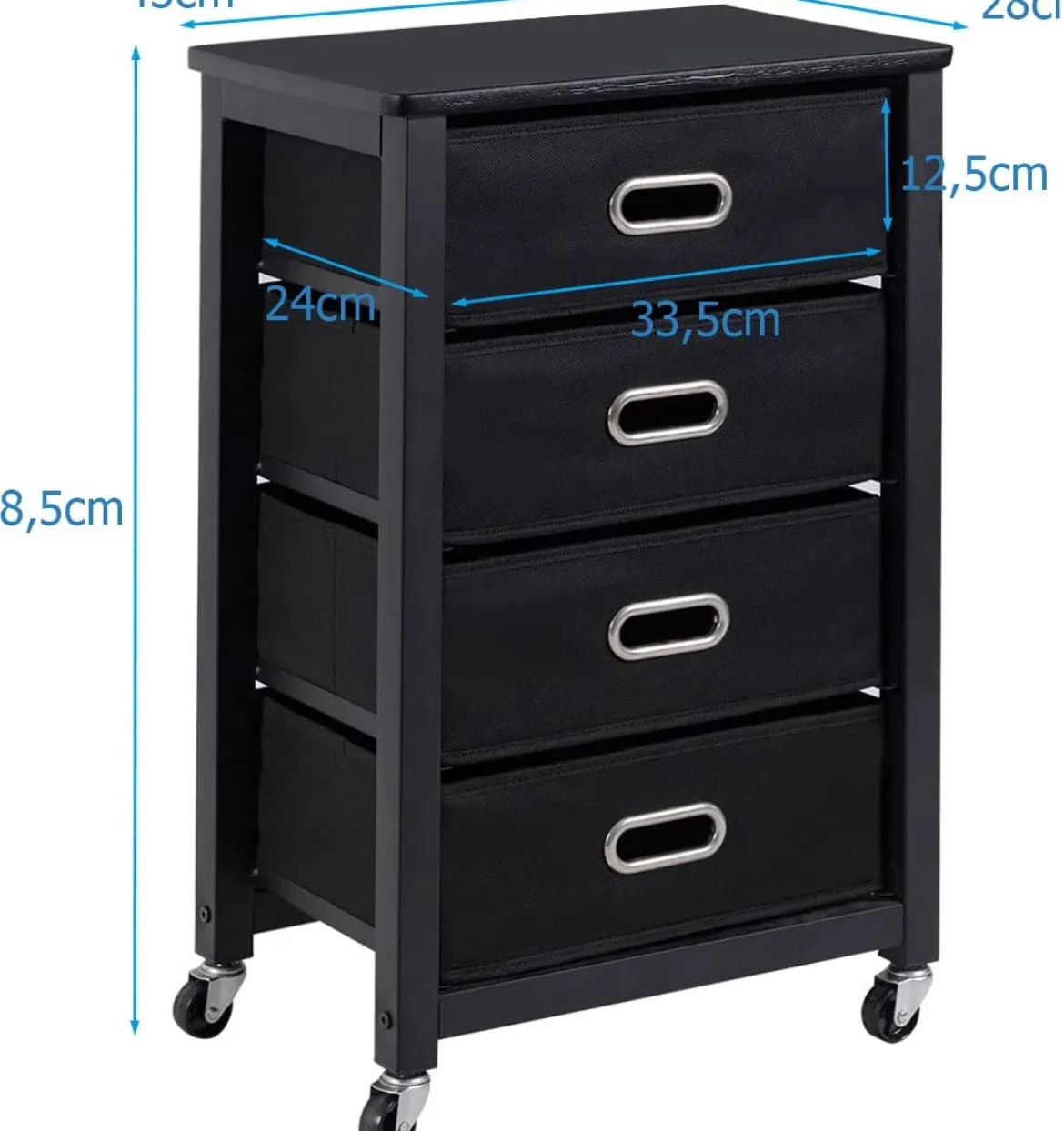 Rollcontainer Mobiler-Aktenschrank mit 4 Herausnehmbaren Stoffschubladen 43 × 28 × 68,5 cm Schwarz
