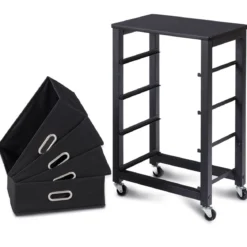 Rollcontainer Mobiler-Aktenschrank mit 4 Herausnehmbaren Stoffschubladen 43 × 28 × 68,5 cm Schwarz
