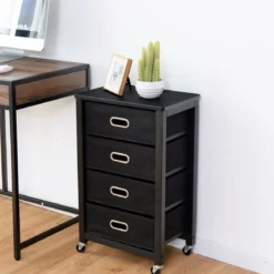 Rollcontainer Mobiler-Aktenschrank mit 4 Herausnehmbaren Stoffschubladen 43 × 28 × 68,5 cm Schwarz