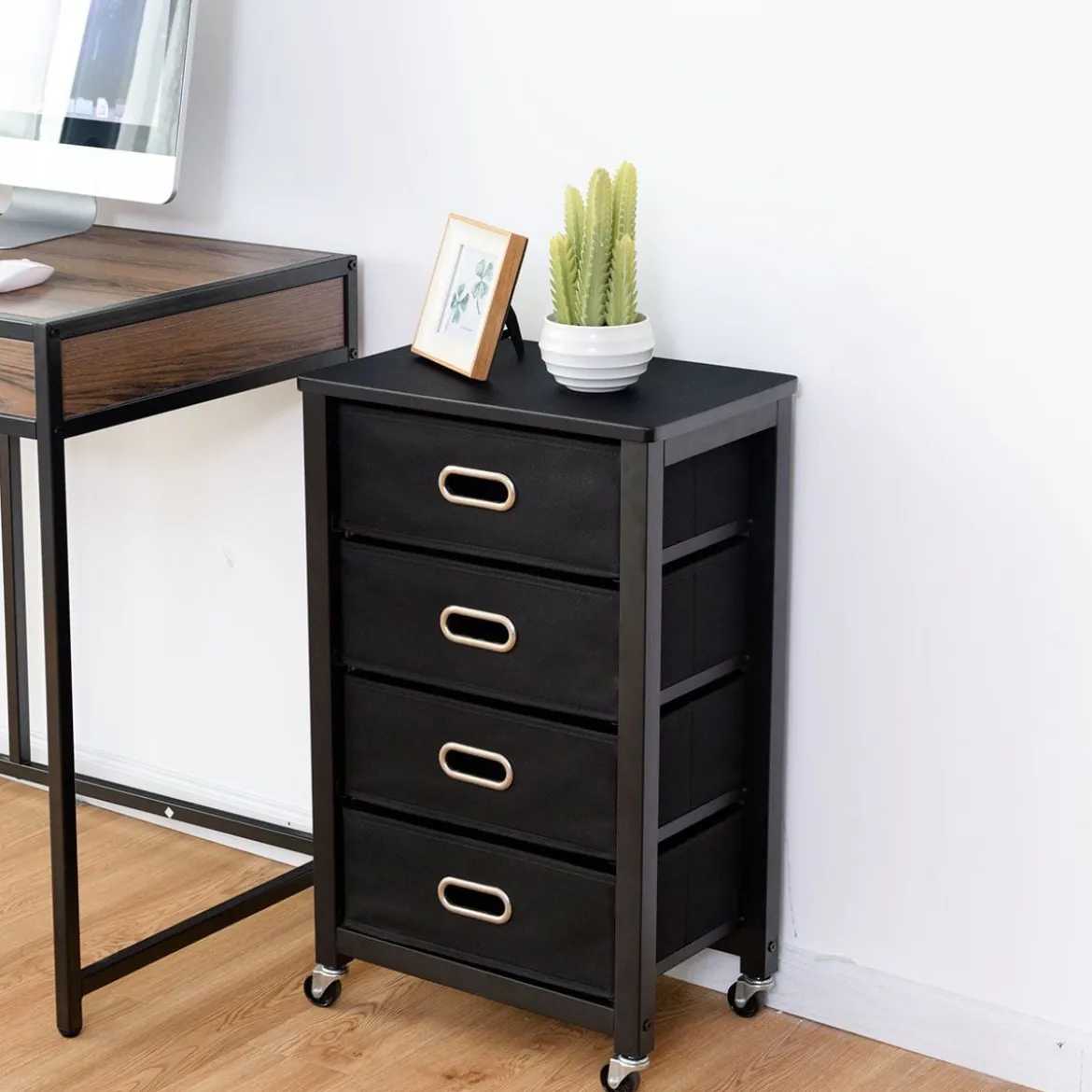 Rollcontainer Mobiler-Aktenschrank mit 4 Herausnehmbaren Stoffschubladen 43 × 28 × 68,5 cm Schwarz