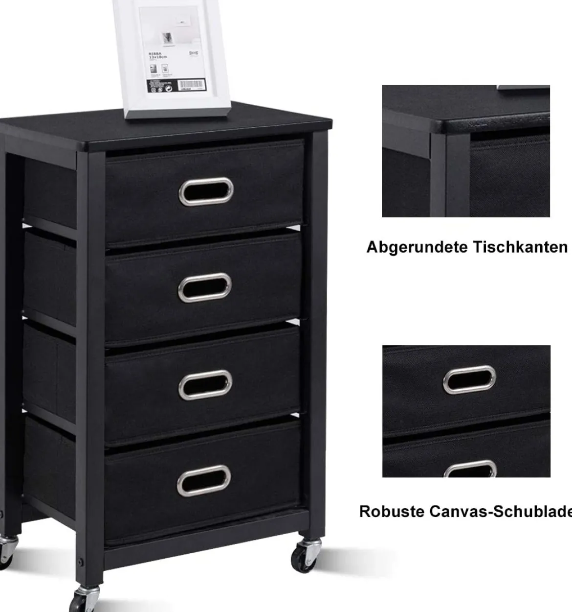 Rollcontainer Mobiler-Aktenschrank mit 4 Herausnehmbaren Stoffschubladen 43 × 28 × 68,5 cm Schwarz
