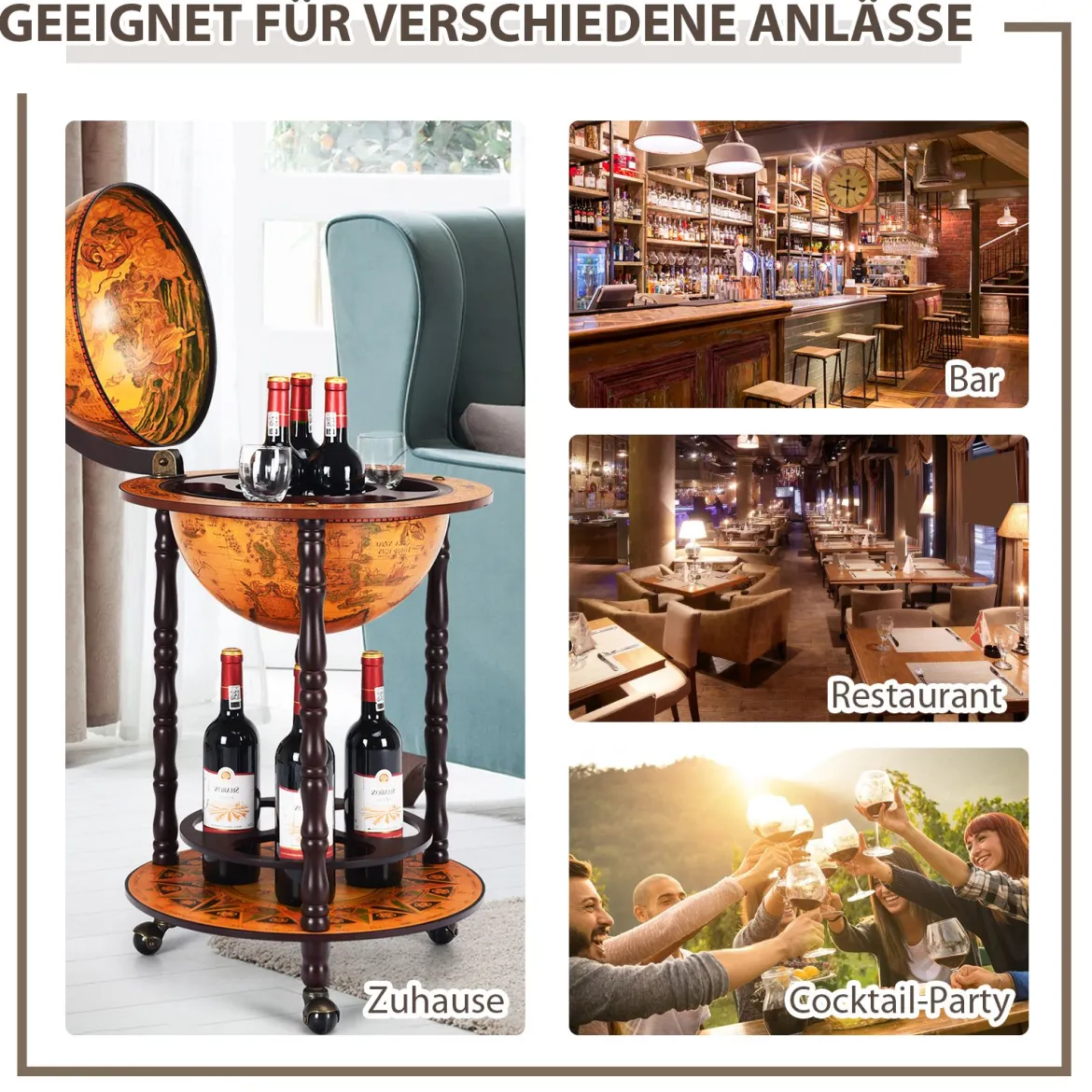 Rollender Globus-Weinständer Globus Bar auf Rollen für Wein 47 x 47 x 90 cm Braun