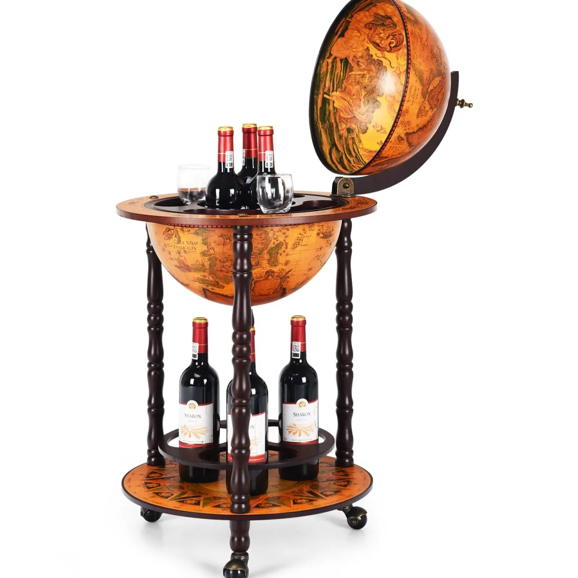 Rollender Globus-Weinständer Globus Bar auf Rollen für Wein 47 x 47 x 90 cm Braun