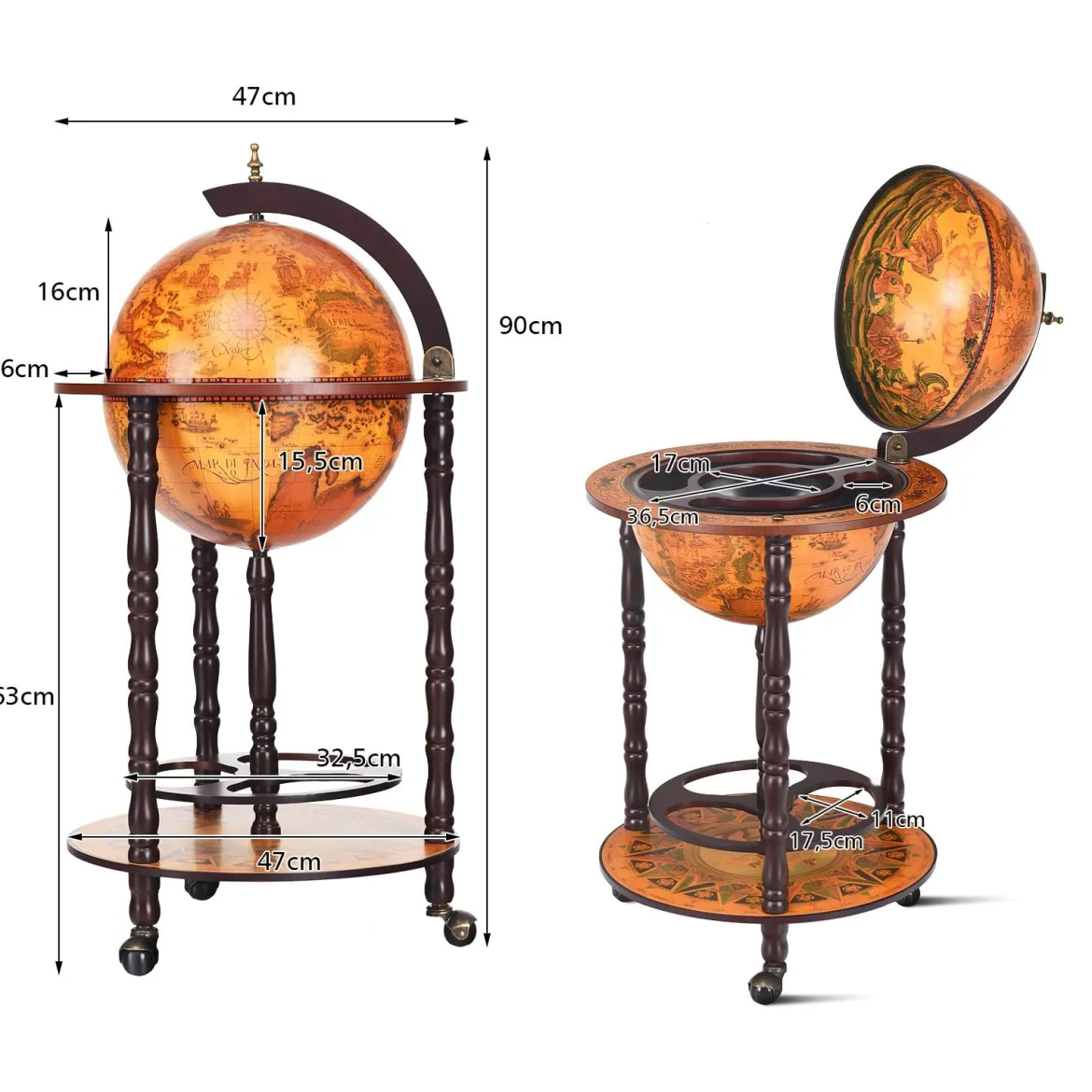 Rollender Globus-Weinständer Globus Bar auf Rollen für Wein 47 x 47 x 90 cm Braun