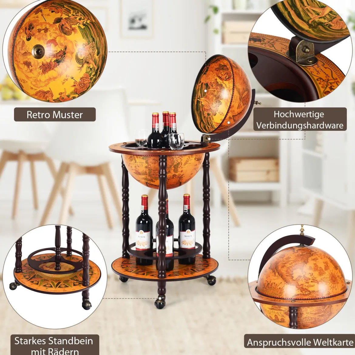 Rollender Globus-Weinständer Globus Bar auf Rollen für Wein 47 x 47 x 90 cm Braun
