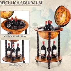 Rollender Globus-Weinständer Globus Bar auf Rollen für Wein 47 x 47 x 90 cm Braun