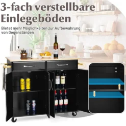 Rollender Kücheninselwagen mit Arbeitsplatte aus Gummiholz 4-türiger Servierwagen 122 x 48 x 92,5 cm