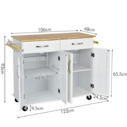Rollender Kücheninselwagen mit Arbeitsplatte aus Gummiholz 4-türiger Servierwagen 122 x 48 x 92,5 cm